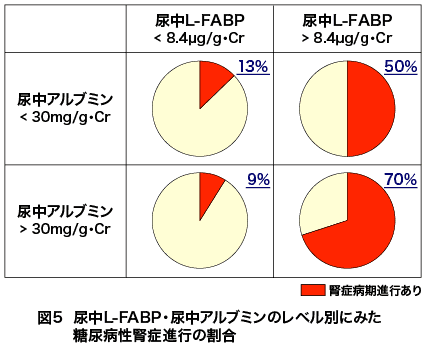 図5 尿中L-FABP・尿中アルブミンのレベル別にみた糖尿病性腎症進行の割合