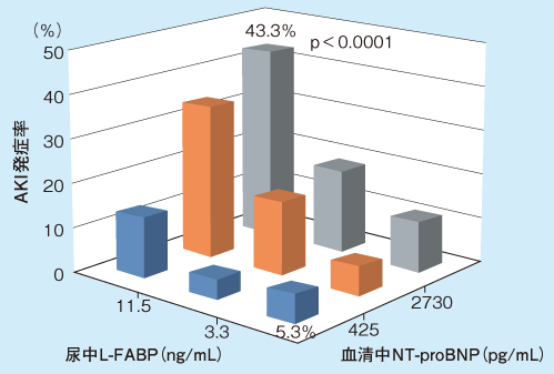 図2 L-FABPおよびNT-proBNPの三分位値ごとの組み合わせによるAKI発症率