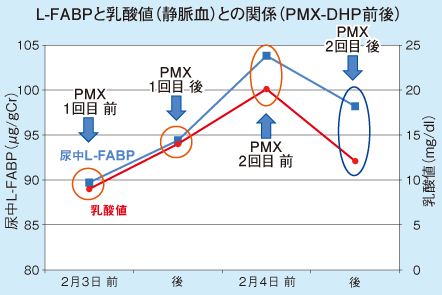 図5 PMX-DHP療法前後における尿中L-FABPと乳酸値の変動